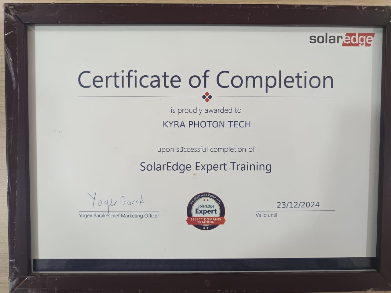 SolarEdge Expert Training — certificate awarded to Kyra Photon Tech