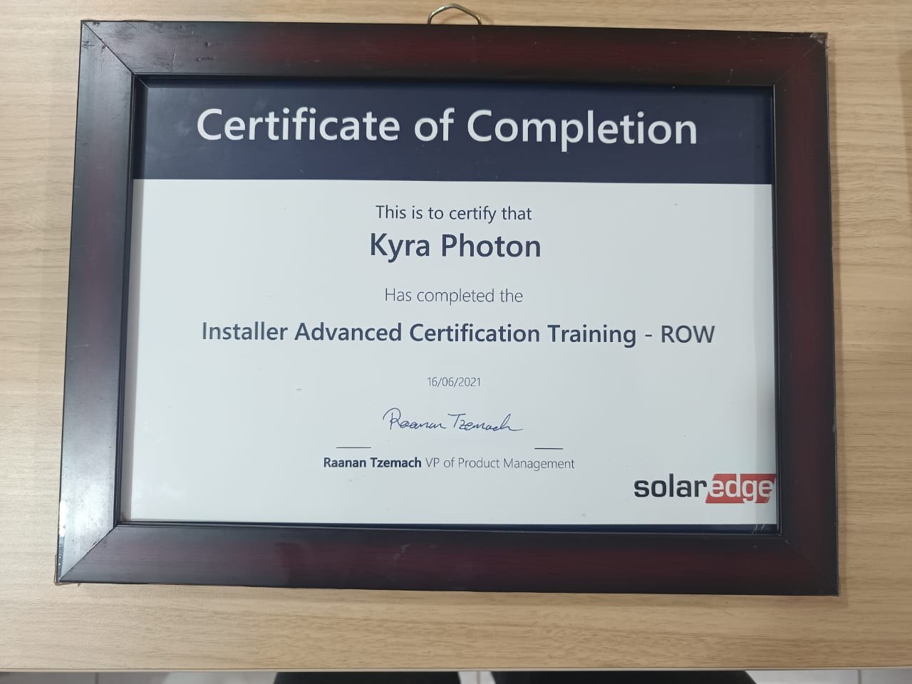 Installer Advanced Certification — ROW — certificate awarded to Kyra Photon Tech