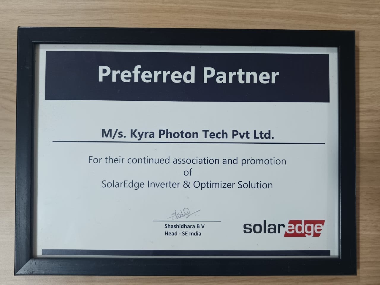 SolarEdge Preferred Partner — certificate awarded to Kyra Photon Tech