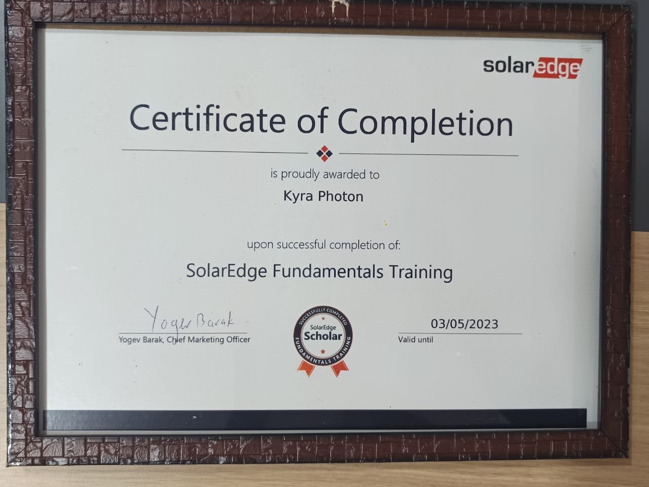 SolarEdge Fundamentals Training — certificate awarded to Kyra Photon Tech