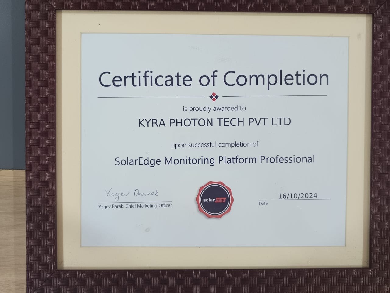SolarEdge Monitoring Platform Professional — certificate awarded to Kyra Photon Tech